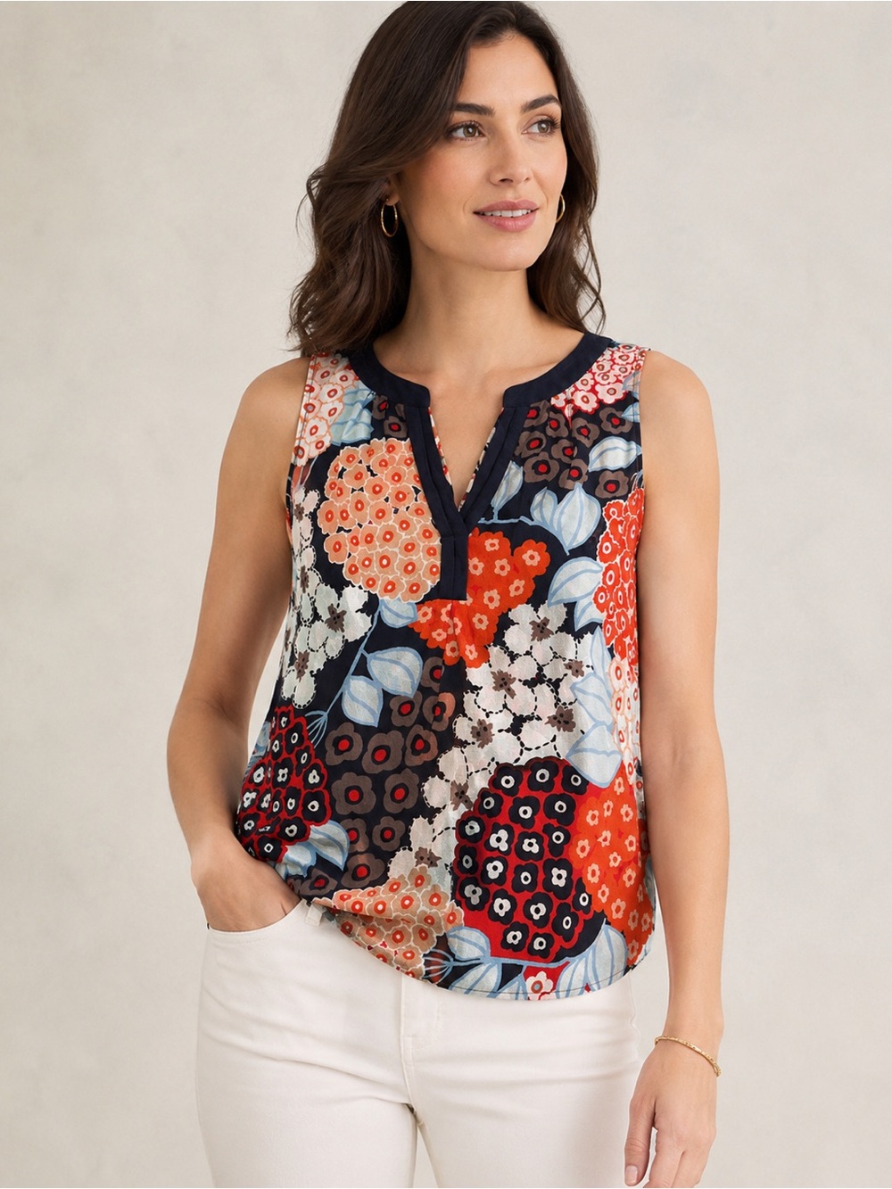 Boden Carrie Sleeveless Floral Semi Sheer V-Neck Blouse